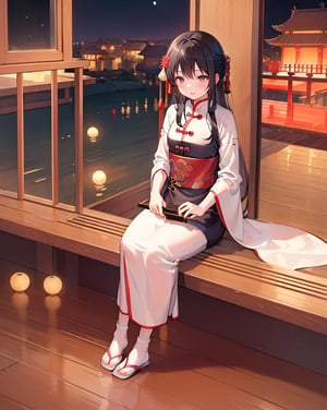 (masterpiece, top quality), high definition, artistic composition, 1 girl, Chinese traditional clothes, playing Chinese folk instrument, looking away, calm face, relaxing, Chinese wooden architecture, sitting by window, night, full moon reflected on water, wooden floor