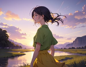 Masterpiece, Top quality, High definition, Artistic composition, 1 girl, from side, walking, hands behind back, looking away, lonely smile, mouth open, talking, dusk, riverbed, yellow-green shirt, purple skirt, striking light, portrait, looking away, looking up to heaven