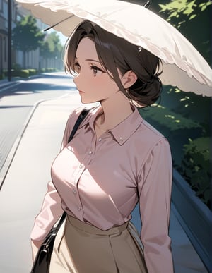 (masterpiece, top quality), high definition, artistic composition, 1 woman, light pink shirt, beige skirt, holding a small parasol, classy, elegant, mature, calm, walking, residential area, strong sunlight, portrait