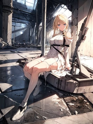 masterpiece, top quality, 1 girl, white battle dress, blonde hair, blue eyes, holding a weapon, inside a huge devastated factory , nothing on the floor, water on the floor, high definition, photo-like background, science fiction,best quality