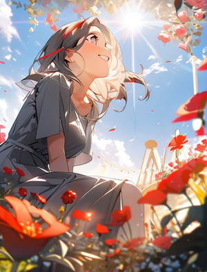 masterpiece, top quality, 1 girl, smiling with mouth open, sitting sideways, sitting on ground, looking up at sky, gray dress, red ribbon, flower garden, flowers blooming, high definition, striking light, composition from below, portrait, wide shot, backlight, focus on feet,best quality