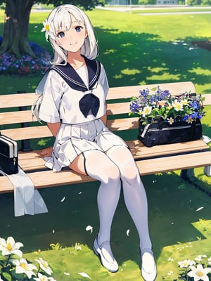 Masterpiece, Top Quality,1 female, white sailor suit, long white skirt, school uniform, school uniform, white stockings, demure, smiling, student bag, sitting, legs stretched, looking up at sky, flower bed, campus bench, morning, beautiful landscape, striking light, dramatic, Japanese, elegant, high definition, portrait, wide shot, artistic composition