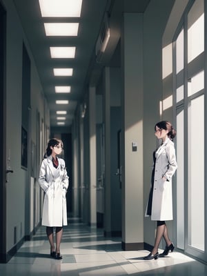 Masterpiece, top quality,khange, 1 woman, serious face, doctor, lab coat, glasses, black stockings, walking, hands in pockets, bright atmosphere, hospital hallway, high definition, wide shot, portrait, graceful, from front, mature