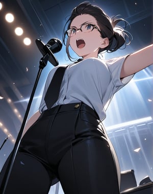 (masterpiece, top quality), high definition, artistic composition, 1 woman, dark hair, hair tied back, glasses, shouting, speaking on podium, microphone and microphone stand, illuminated light, striking light, dramatic, white shirt, black tie, black pants, from below, bold composition, powerful