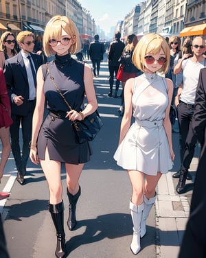 (Masterpiece, Top Quality), High Definition, Artistic Composition, 1 Woman, Sunglasses, Smiling, Blonde Hair, Bob Cut, Navy Blue Sleeveless Shirt, White Miniskirt, Dark Red Over Knee Boots, Urban Area of Paris, Walking, Crowd, Portrait, Looking Away, Model Style