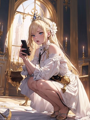 Masterpiece, Top Quality, 1 girl, (operating a smartphone:1.3), staring at a smartphone, blonde, angry, squatting, screaming, white dress, tiara, in a palace, beautiful light blooming, fantasy, high definition, artistic composition