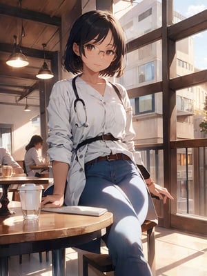 Masterpiece, best quality,khange, 1 woman, relaxing, doctor, lab coat, glasses, jeans, sitting at table, crossed legs, reading papers, coffee, bright atmosphere, hospital cafe terrace, high definition, wide shot, drama scene, graceful, from front, mature, dramatic light, cowboy shot,breakdomain