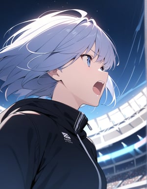 (masterpiece, top quality), high definition, artistic composition, one girl, athlete fashion, reaching, short hair, from side, screaming, close-up of face, from below, looking away, stadium, dynamic, dramatic