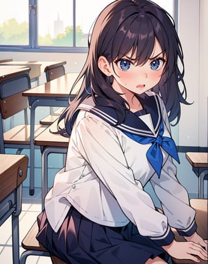 (masterpiece, top quality), high definition, artistic composition, 1 female, angry, staring at me, stupid hair, cute, young, sailor outfit, classroom, seated, hand tapping desk, blushing, from side, silly, Portrait