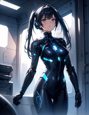 Masterpiece, Top Quality, High Definition, Artistic Composition, 1 girl, black combat bodysuit, android-like armor, shining blue, steel, near future, science fiction, composition from front, Niobe, darkness, abandoned factory, blending into darkness, perspective