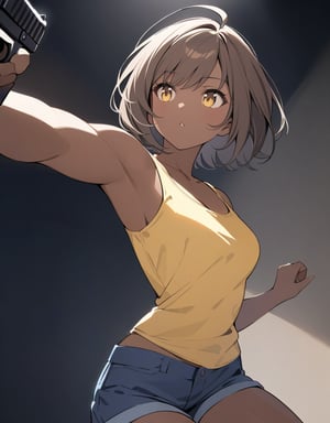 (masterpiece, top quality), high definition, artistic composition, 1 girl, brown skin, yellow tank top, navy blue shorts, holding pistol, reaching, action pose, looking away, twisting, short hair, spotlight, lively, suspense, dark