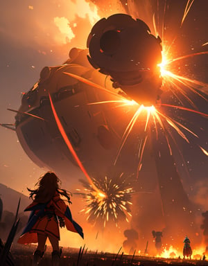 (masterpiece, top quality), high definition, artistic composition, 1 girl, brown skinned girl, dusky colored folk costume, looking away, battlefield, explosion behind, huge brown super robot fighting, bold composition,girl