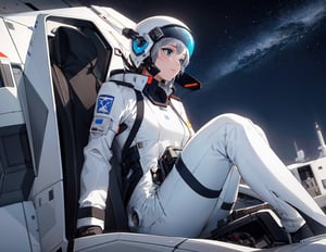 masterpiece, top quality, 1 girl, white pilot suit, helmet in hand, sitting in cockpit, operating, otherworldly airbase, runway, algorithmic design fighter, silver fighter, high definition, composition from below, wide shot, Iridescent colors sky, science fiction, fantastic