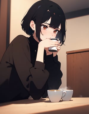 (masterpiece, top quality), high definition, artistic composition, 1 girl, black hair, pouting, tears, blushing, looking away, looking down, hands on table, holding coffee cup, top From, Dutch angle, bob cut