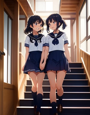 Masterpiece, Top Quality, High Definition, Artistic Composition, 2 Girls, High School Students, Sailor Uniform, School Uniform, Summer Uniform, Japanese School, In School Building, Conversing on Stairs, Smiling, Excited, Looking at Each Other, Composition from Below, Portrait, Feminine Gesture, Not in Line, Sitting, Standing, Low Saturation, Impressive Light,breakdomain