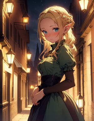 (masterpiece, top quality), high definition, artistic composition, 1 girl, elf, tight viridian dress, unadorned, blonde hair, hair tied back, forehead showing, hair touching, medieval town at night, lantern light, blurred background, looking away, blushing, embarrassed