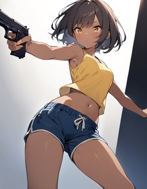 (masterpiece, top quality), high definition, artistic composition, 1 girl, brown skin, yellow tank top, navy blue shorts, holding pistol, reaching, action pose, looking away, twisting, short hair, spotlight, lively