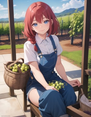 ((masterpiece, top quality), high definition, artistic composition, 1 woman, vineyard, stooping, overalls, apron, woven basket, red hair, braids, blue eyes, smiling, striking light, freckles, dramatic, grape cluster