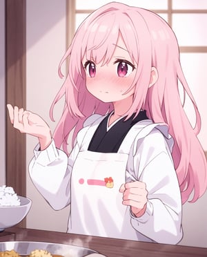 Masterpiece, Top Quality, High Definition, Artistic Composition, 1 girl, Embarrassed, Offering rice ball, Blushing, Apron, Japanese kitchen, Sweatshirt, Hair pulled back, Looking away, Morning, Portrait, Warm