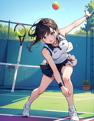 (Masterpiece, Top Quality), High Definition, Artistic Composition, 1 Woman, Tennis Wear, Tennis Court, Long Limbs, Stylish, Action Pose, From Below, Bold Composition, Dynamic, Perspective, Dramatic, Playing Tennis