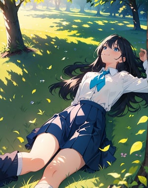 (masterpiece, top quality), high definition, artistic composition, one girl, sprawled out, lying on grass, smiling, sunlight filtering through trees, shadow of leaves, pleasant, wind blowing, white shirt, dark blue skirt, an aerial view, Dutch angle, white socks, looking away, staring at sky

