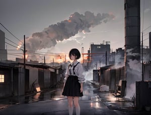 Masterpiece, Top Quality, High Definition, Artistic Composition, 1 girl, blank expression, white shirt, black skirt, 1960s Japan, short hair, crude clothing, gray sky, big factory, lots of chimneys in a row, lots of smoke coming from big chimney, melancholy, dark, wide shot, portrait, slum, black fog, 13 year old girl