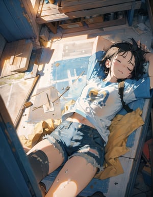 (masterpiece, top quality), high definition, artistic composition, 1 girl, t-shirt, denim shorts, short hair, sleeping with eyes closed, hot, distressed, fan, cluttered small room, from above, sloppy, portrait, summer, wide shot, sweating