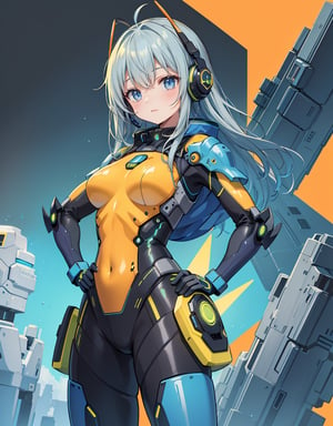 Masterpiece, Top Quality, High Definition, Artistic Composition, 1 girl, standing, one hand on hip, model pose, smiling, blue science fiction movie pilot suit, blue base color, yellow-green assorted colors, orange accent color, all gray background, Japanese anime style, headset with blade antennae, android-like armored parts,