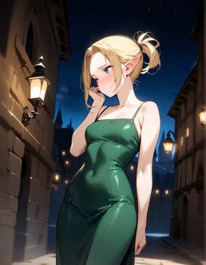 (masterpiece, top quality), high definition, artistic composition, 1 girl, elf, simple viridian tight dress, unadorned, blonde hair, hair tied back, forehead showing, hair touching, medieval town at night, lantern light, blurred background, looking away, blushing, embarrassed