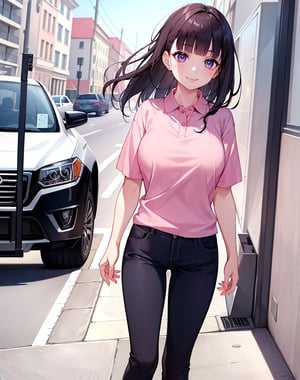 (masterpiece, top quality), high definition, artistic composition, 1 girl, dark hair, light pink polo shirt, from front, walking, blunt bangs, squinting and smiling, tilting head, girlish gesture, young lady, walk, portrait