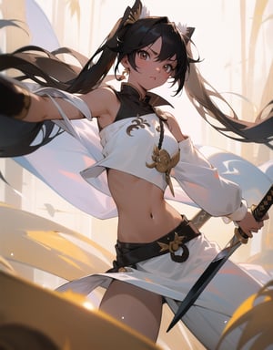 (masterpiece, top quality), high definition, artistic composition, 1 girl, black hair, anime style costume, loose white cloth ethnic style fighting outfit, navel showing, brown skin, oriental dagger in sheath, twin tail, Southeast Asian jungle, blurred background