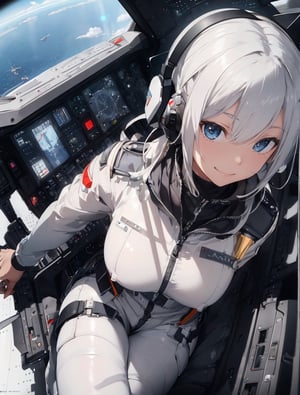 Masterpiece, top quality, 1 girl, white pilot suit, headset, sitting in cockpit, operating, smirking, otherworldly airbase, runway, algorithmic design fighter, silver fighter, high definition, composition from above, from front, wide shot, colorful sky, science fiction, fantastic, fish-eye lens,masterpiece,breakdomain
