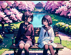  Masterpiece, top quality, high quality, artistic composition, two women, sitting side by side on bench, one laughing, one angry, having conversation, spring coordination, cherry blossom trees, cherry blossoms in full bloom, petals dancing, wide shot, looking away, bold composition,breakdomain,<lora:659111690174031528:1.0>