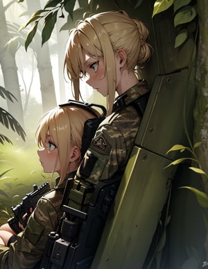 (masterpiece, top quality), high definition, artistic composition, 1 girl, camouflage, blonde hair, bunched back, dirty face, tired, staring at ground, holding machine gun, sitting down, dark jungle, dark green, dramatic, guerilla, looking away