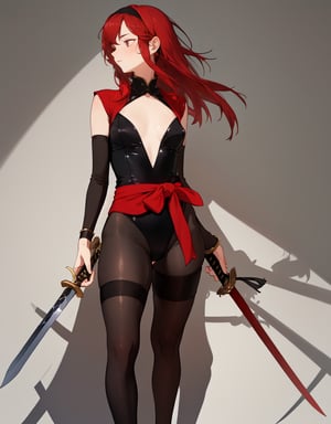 (masterpiece, top quality), high definition, artistic composition, 1 woman, leotard-style ninja costume, stylish standing pose, simple dark background, long extended shadow, red hair band and sash, small sword, stockings