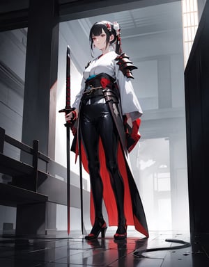  Masterpiece, Top Quality, High Definition, Artistic Composition, 1 girl, Serious face, Standing pose, Kimono-like body suit, White and red, Sword at waist, Armored machine, Slender, Black hair, Hair ornament, Sword like Japanese sword at waist, Full body, Building roof, Dark, Wet floor, From below, Science fiction, Futuristic, Decadence, From above, Perspective, Vapor