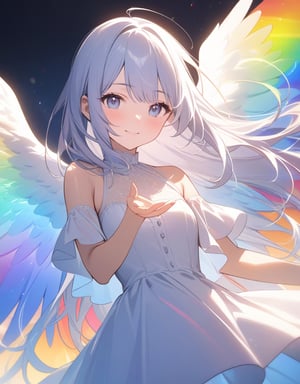 (masterpiece, top quality), high definition, artistic composition, 1 girl, rainbow image, spectrum, warm light, white dress, gentle smile, girlish gesture, frolicking, angel wings, dazzling, heaven, girl in seven colors