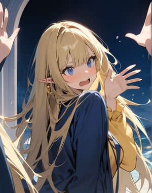 (masterpiece, top quality), high definition, artistic composition, 1 girl, elf, navy blue jacket, cream yellow shirt, gold earrings, blonde hair, long hair, big blue ribbon, disgusted face, scared, mouth open, face turned away, looking sideways, waving hands, fantasy, cartoon