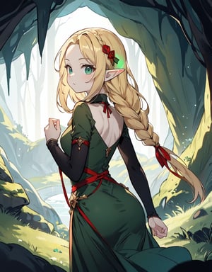 (masterpiece, top quality), high definition, artistic composition, 1 female, elf, blonde hair, braids, red ribbon, big eyes, skin tight dark green dress, slender, looking back, mysterious cave glowing pale, fantasy