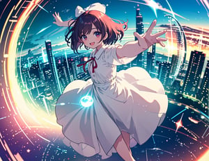 Masterpiece, Top Quality, 1 girl, flying, smiling with mouth open, magic circle, white dress, hand out, barefoot, beautiful nature, retro cityscape, fisheye lens, high definition, artistic composition, composition from above, on back, action pose, big red ribbon, blurred distant view, motion blur, dancing white light, cowboy shot,<lora:659111690174031528:1.0>