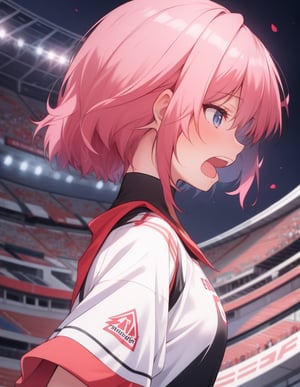 (masterpiece, top quality), high definition, artistic composition, 1 girl, athlete fashion, reaching forward, short hair, from side, screaming, close-up of face, from below, looking away, stadium, dynamic, dramatic,