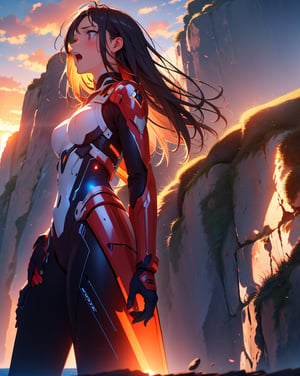 (masterpiece, top quality), high definition, artistic composition, 1 girl, standing on cliff, driver suit, from below, right hand reaching forward, looking away, backlit, powerful, screaming, bold composition