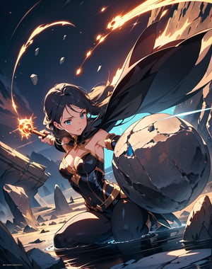 Masterpiece, top quality, high definition, artistic composition, animation, 1 woman, witch, holding wand, glowing, earth cracking and rising, stone rubble, fantasy, magic, attack, dynamic composition, action pose, looking away, arms extended, magic circle, wide shot, giant rock floating