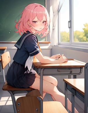 (masterpiece, top quality), high definition, artistic composition, 1 female, angry, staring at me, stupid hair, cute, young, sailor outfit, classroom, seated, hand tapping desk, blushing, from side