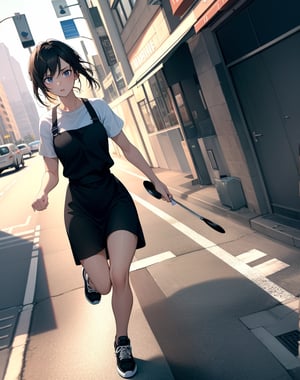 (masterpiece, top quality), high definition, artistic composition, 1 girl, black sportswear, stylish apron, running, frying pan in hand, off balance, panicked, looking away, attention seeking, boulevard, stooping, Dutch angle, troubled