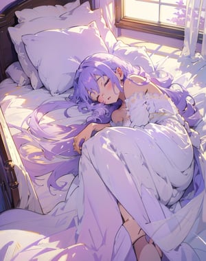 Masterpiece, Top Quality, High Definition, Artistic Composition,1 girl, light purple hair, long hair - thin eyes open, sleepy, morning sun, bed, wrapped in sheets, elegant, beautiful morning, from above, lying in bed, Japanese anime style, pleasant, white nightgown, Pastel colors
