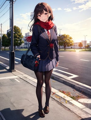 Masterpiece, Top Quality, 1 girl, smiling, bending forward, hands on knees, out of breath, blazer, school uniform, school uniform, school bag, pantyhose, Japan, morning, school route, standing tall, artistic composition, refreshing, high definition, strong sunlight, red scarf