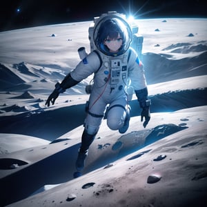 Masterpiece, Top quality, High definition, Artistic composition,1 girl, space suit, jumping on the moon, blue earth in the background, photo, impressive light, artistic composition, dark space, crater, realistic