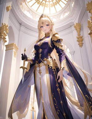 (Masterpiece, Top Quality), High Definition, Artistic Composition, 1 Woman, Blonde Hair, Standing, Purple Armor, Gold Ornaments, Nobility, From Below, Beautiful Sword, White Marble Construction, High Ceiling, Impressive Light, Nobility, Stately, Fantasy, From Side