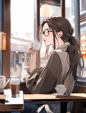 Masterpiece, Top Quality, 1 girl, round glasses, dark rimmed glasses, long shaggy hair, hair tied back, coffee shop, reaching up, looking out window, cup of coffee, Japan, plain clothes, window seat, high definition, yawning